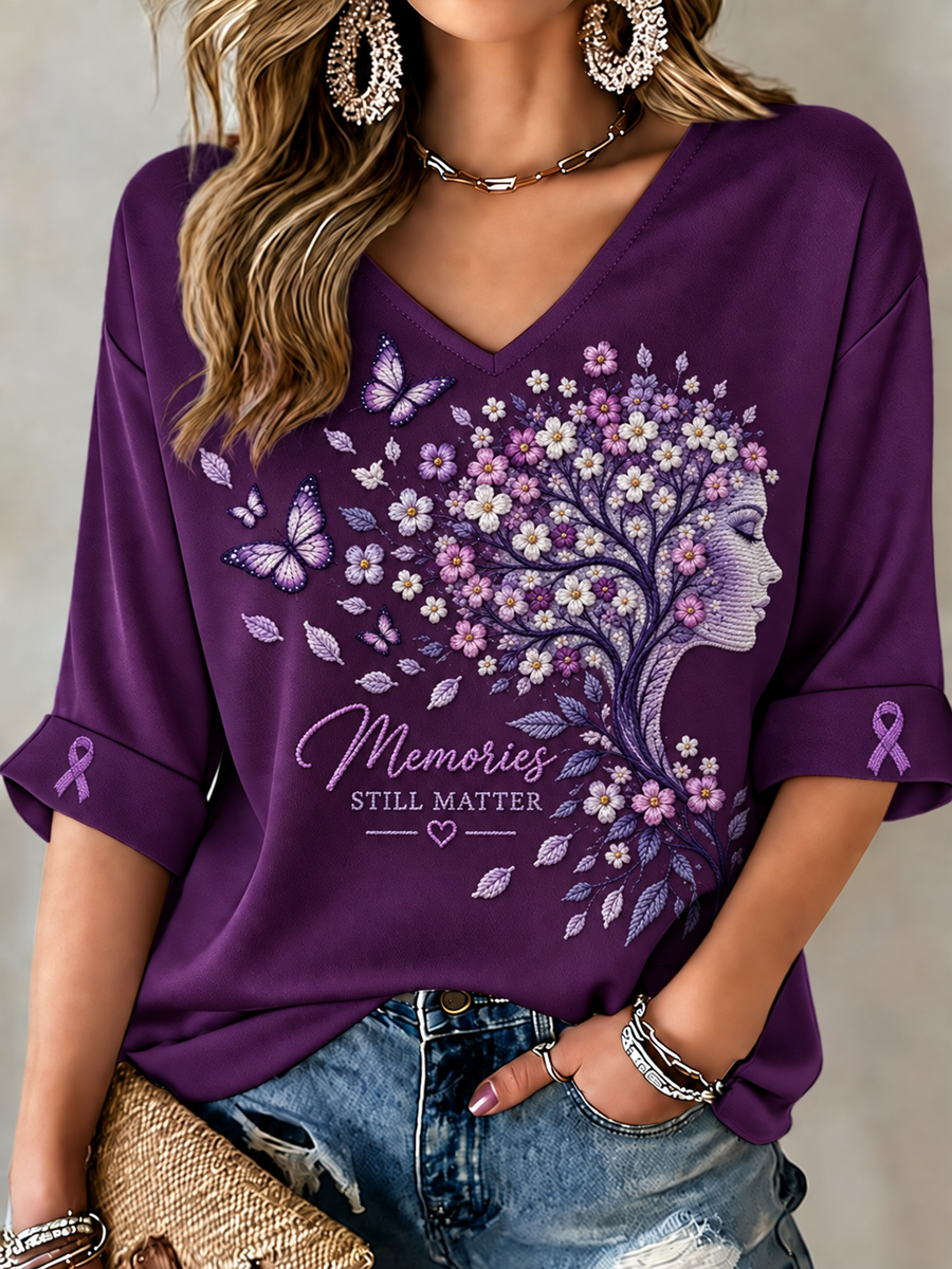 Kvinnors Alzheimers medvetenhet Lila konst Skriv ut mitt längd ärmar V-hals T-shirt