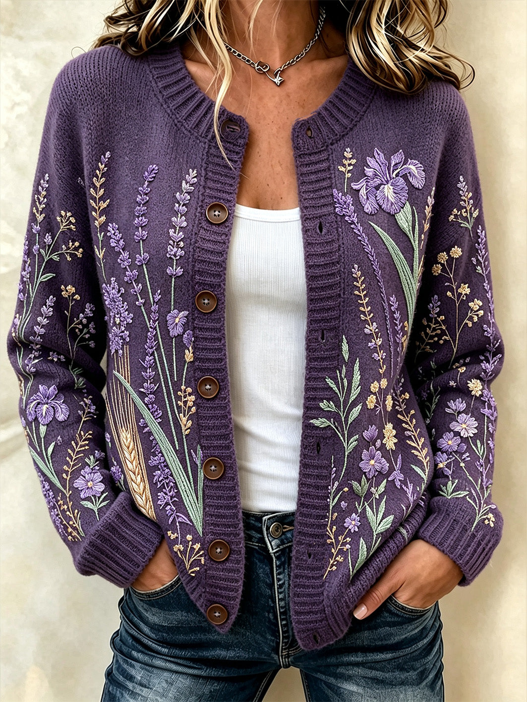Kvinnors lila blommor mönster tryckt kausal cardigan-stil sticka jacka