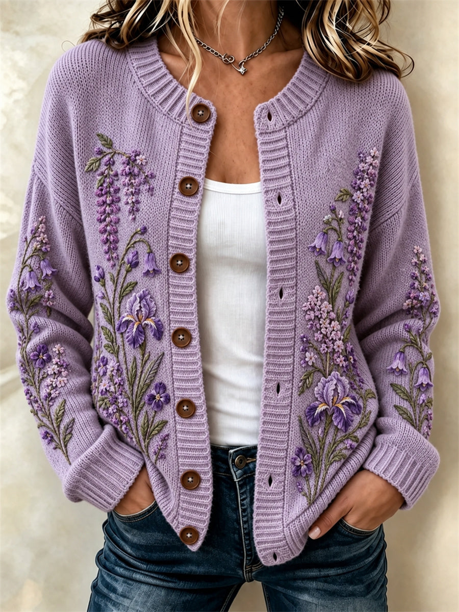 Kvinnors stiligt lila irises Lavendel Floral Print Cardigan-Style Stick Jacka