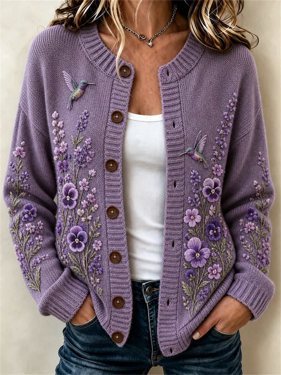Kvinnors stiliga Humming Fåglar Pansy Lavendel Lila Floral Print Cardigan-Style Stil jacka