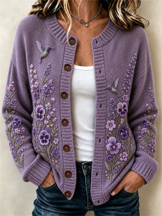 Kvinnors stiliga Humming Fåglar Pansy Lavendel Lila Floral Print Cardigan-Style Stil jacka
