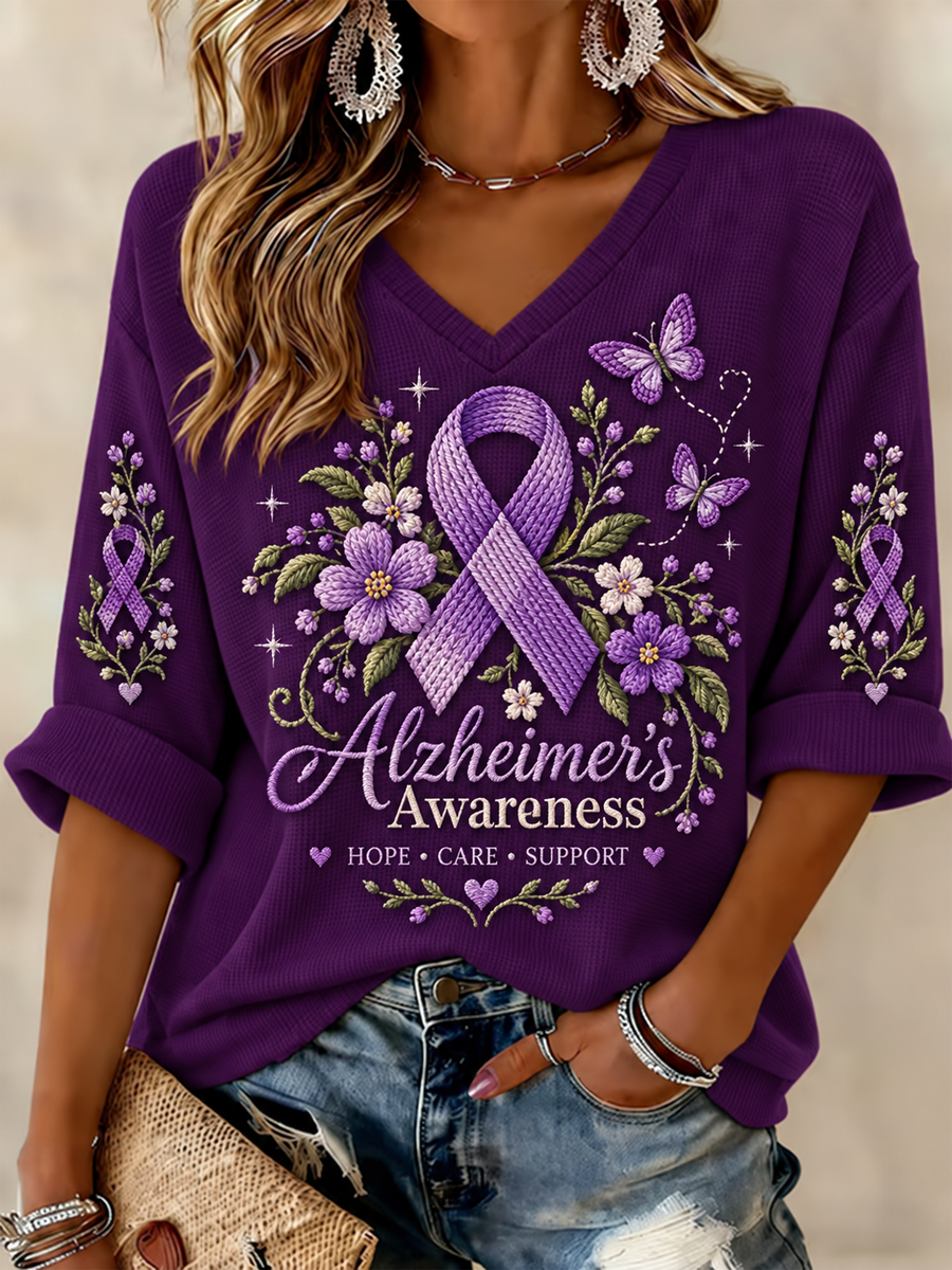 Kvinnors Alzheimers medvetenhet Purple Art Print Våffle T-shirt