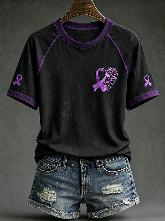 Damer lila cancermotivtryckt avslappnad kortärmad t-shirt