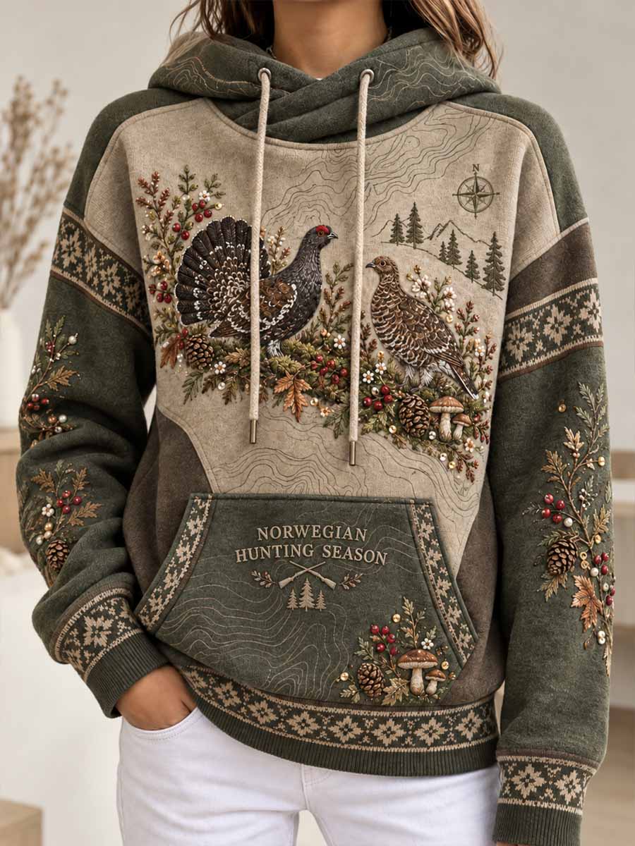 Kvinners vintage sweatshirt med tiur-mønster for jaktseongen