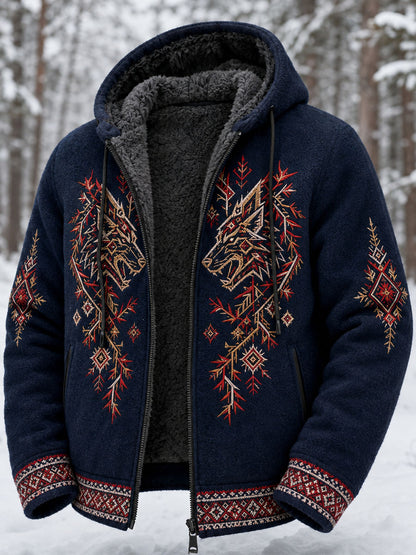 Mäns Retro Viking Wolf Totem Celtic Style Flannel varm huvad tröjar