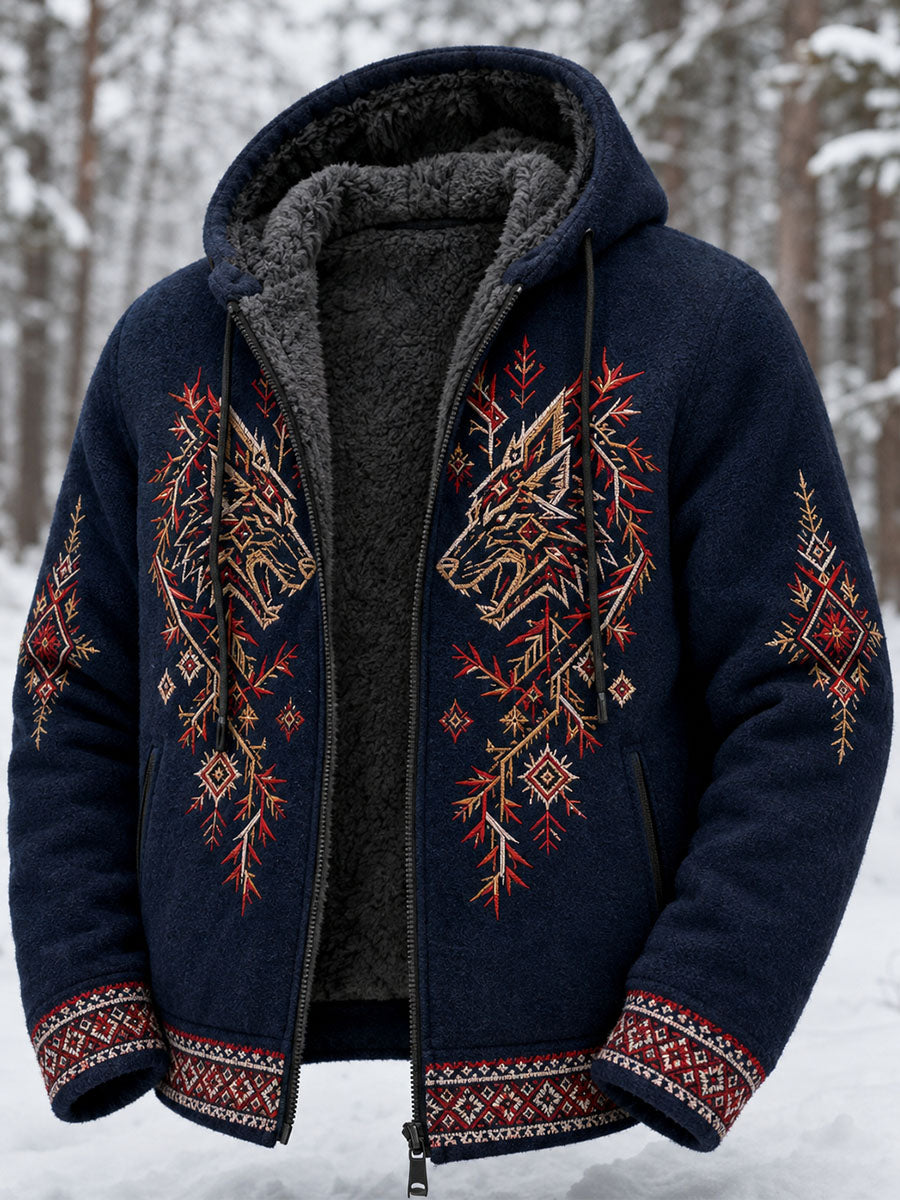 Mäns Retro Viking Wolf Totem Celtic Style Flannel varm huvad tröjar
