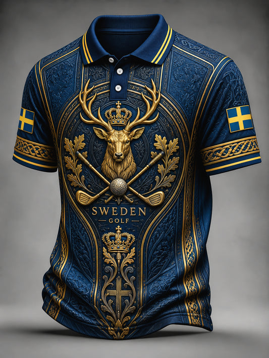 Herrpolotröja i svenskt golfmönster med älg, avslappnad stil