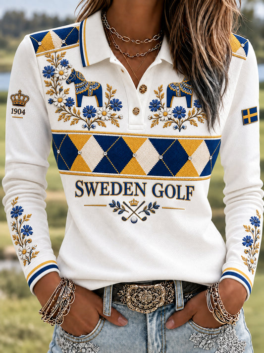 Damgolfkonst avslappnad pikétröja på svenska