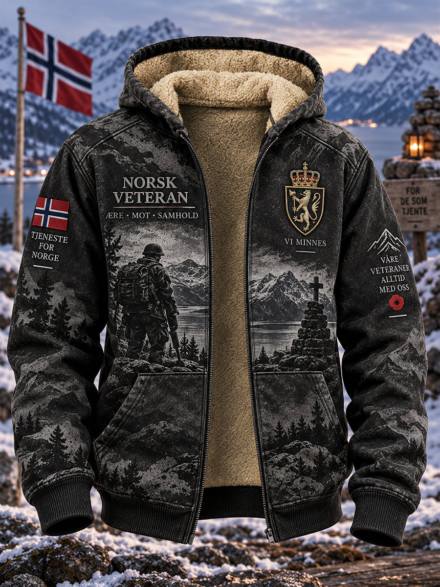 Herrejakke med hette og minnetrykk for militærveteraner