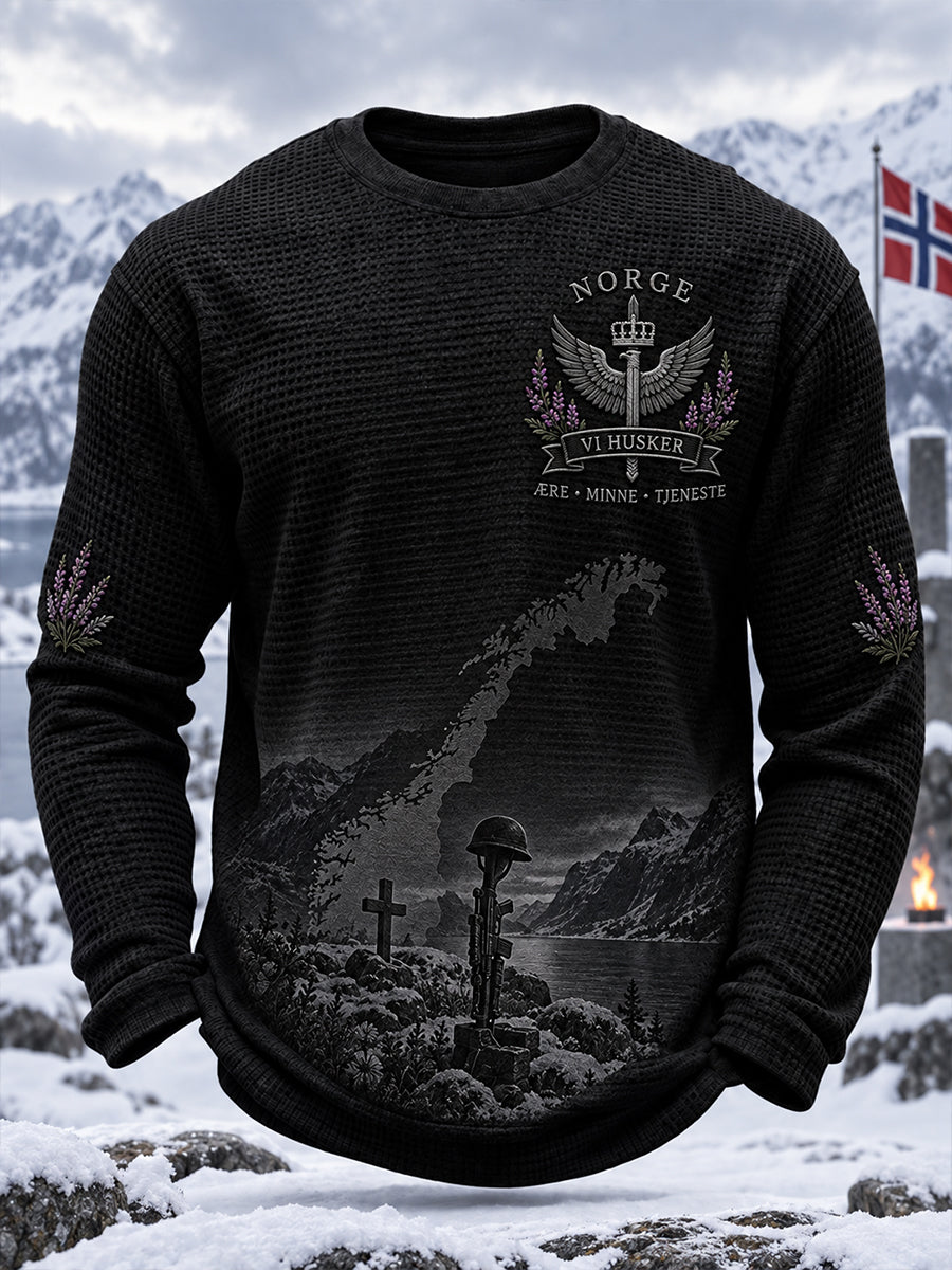 Herrens Veteran-tema Militær minnetrykk Vaffel-knitt langærme øverst