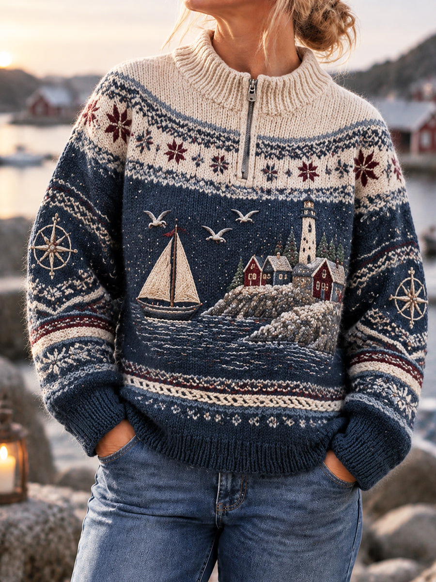 Damsvart nordisk retroinspirerat klassiskt lapptröja med kustmotiv