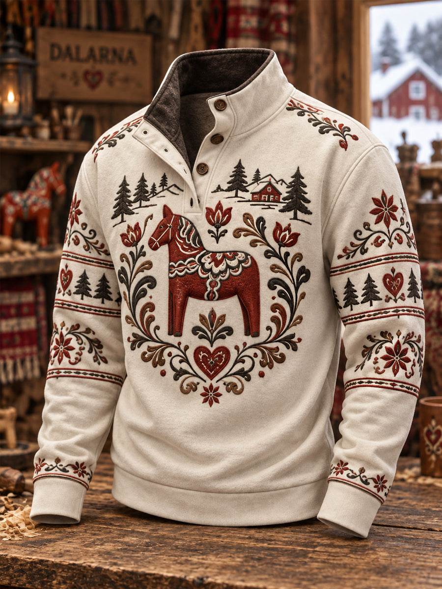 Herrpullover med Dalafolkets traditionella mönster, avslappnad stil och knäppning