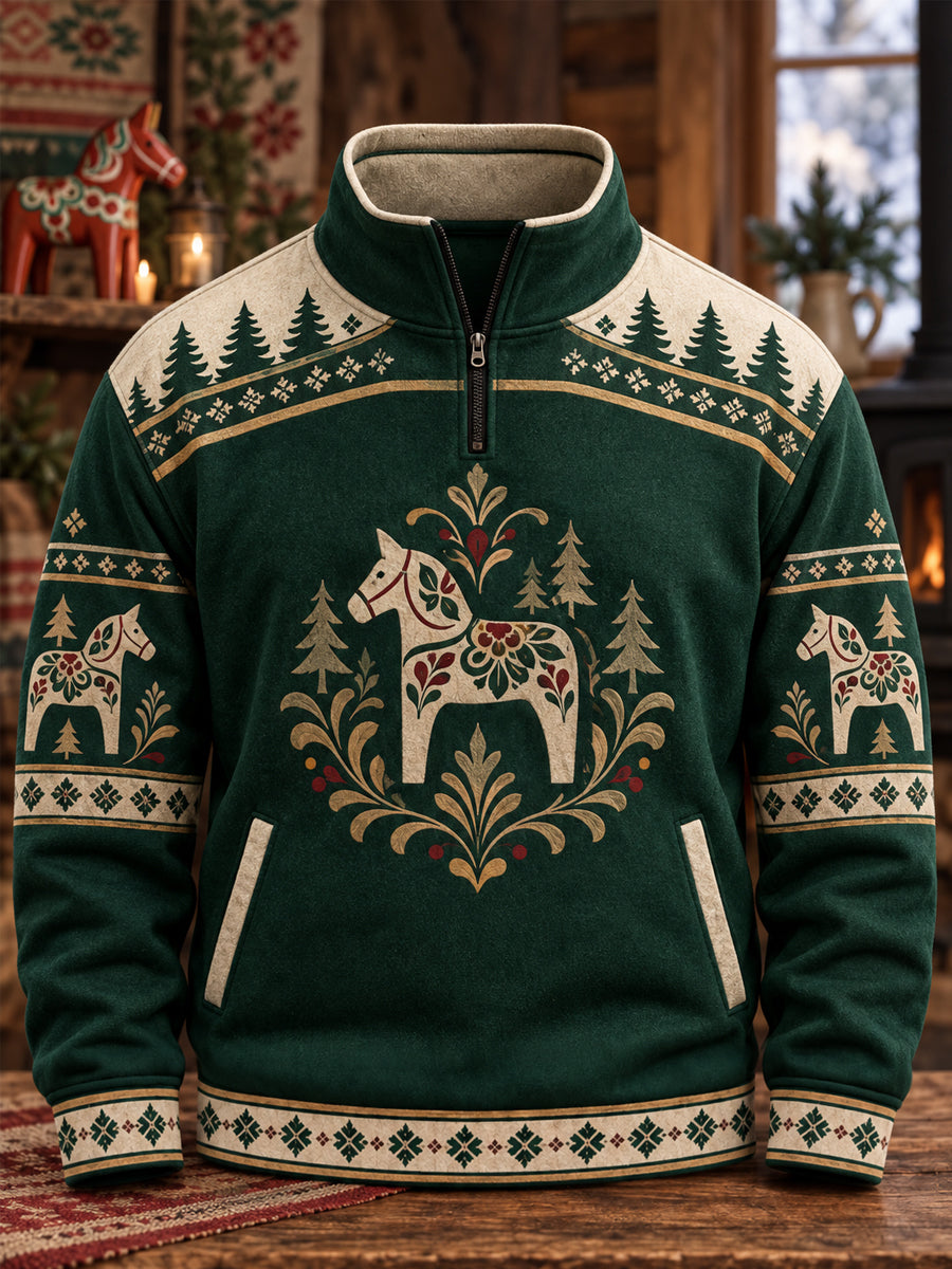 Herrpullover med tryckt folkdräktmotiv från Dalarna, avslappnad modell med dragkedja
