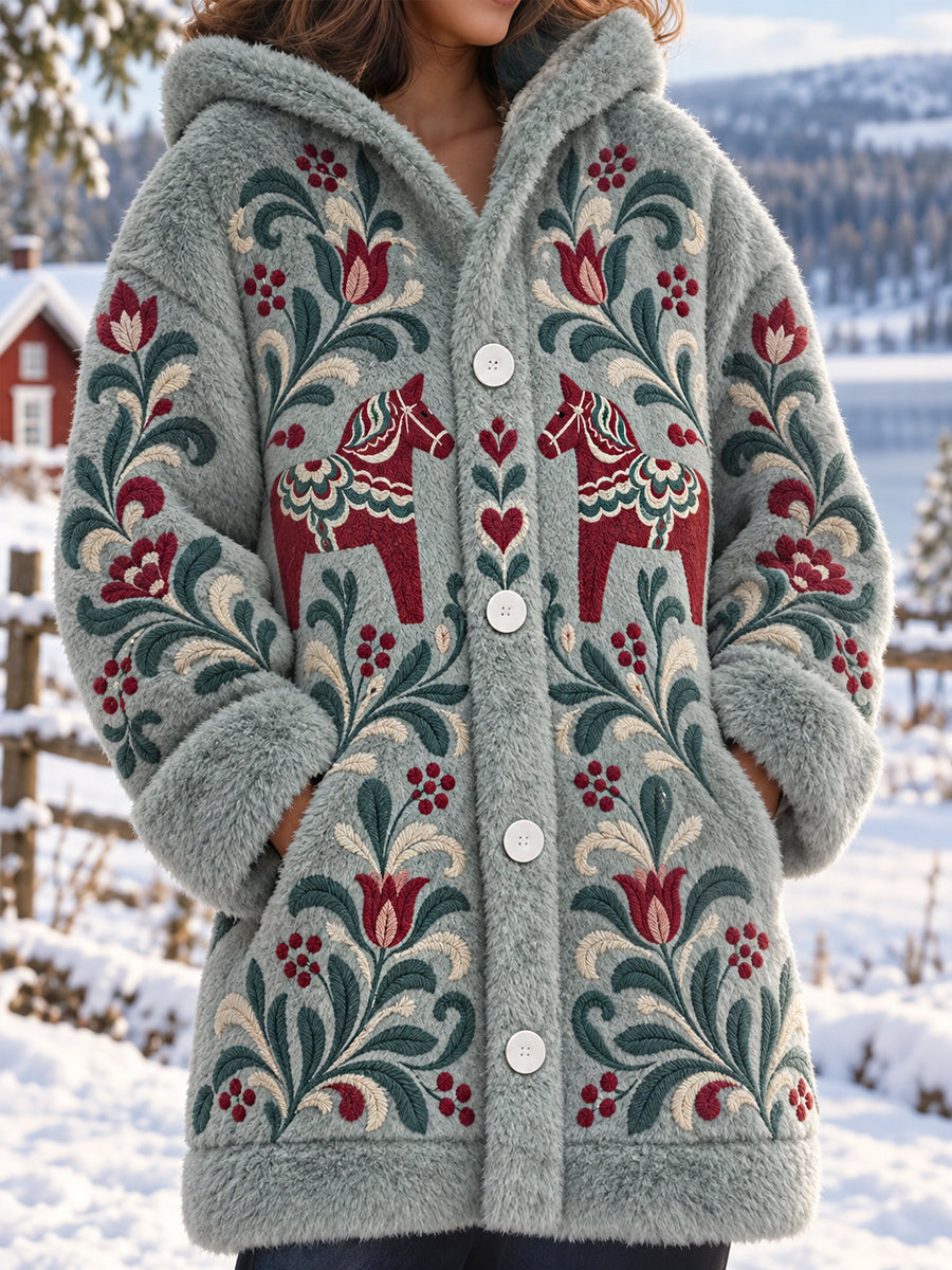 Damjacka i fleece med folkdräktsmönster från Dalarna, halvlång