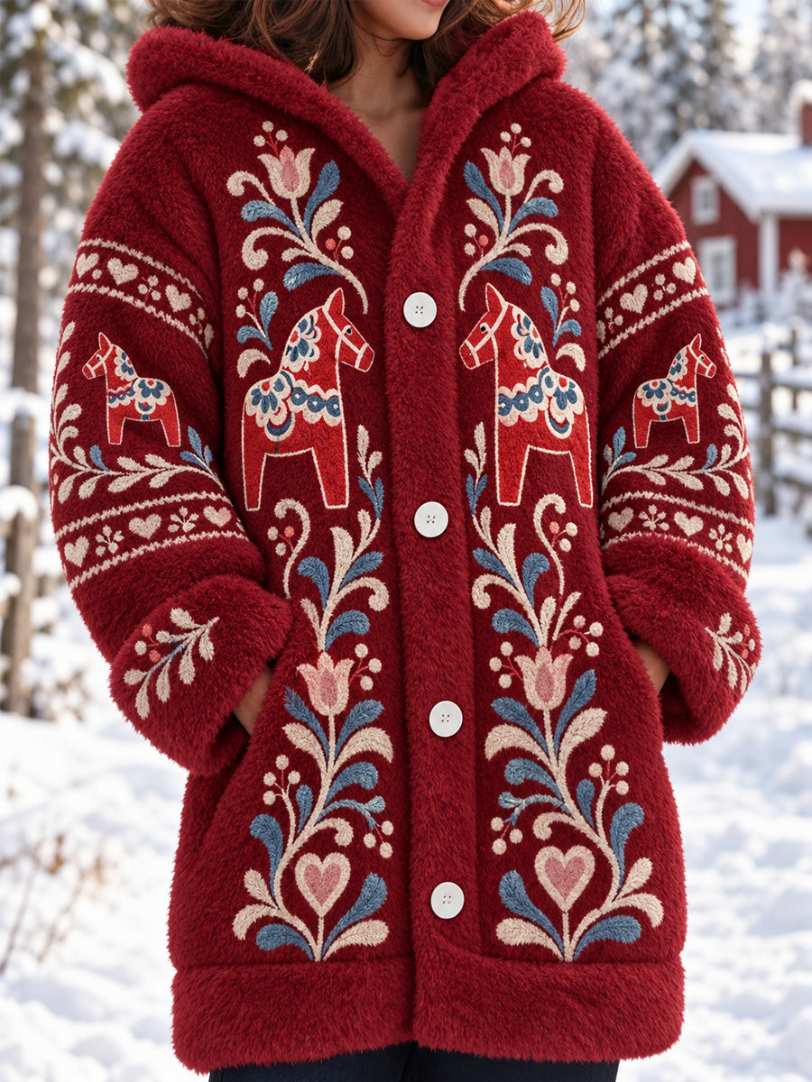 Damjacka i midiklipp med folkdräktsmönster från Dalarna, fleecefodrad, polyester