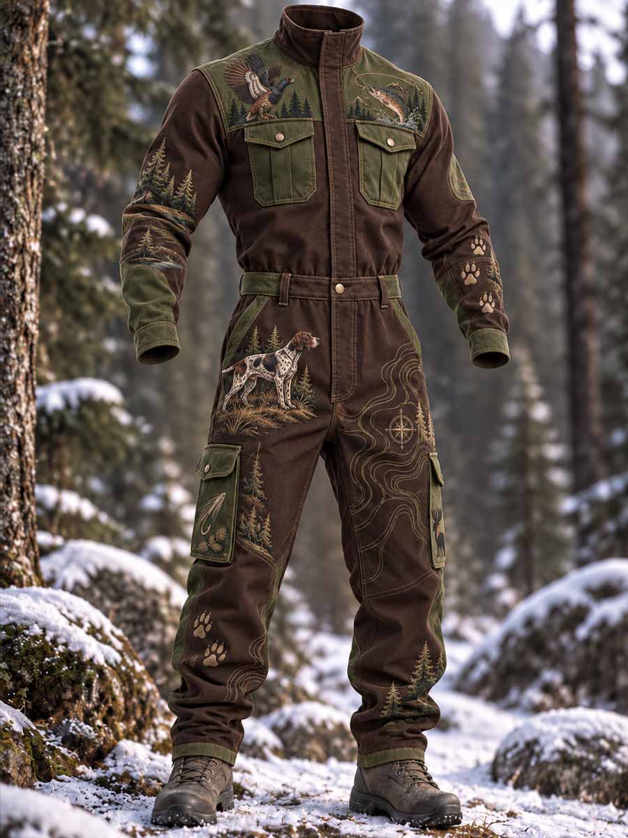 Menns retro jumpsuit med jaktsesongmønster for utendørsbruk