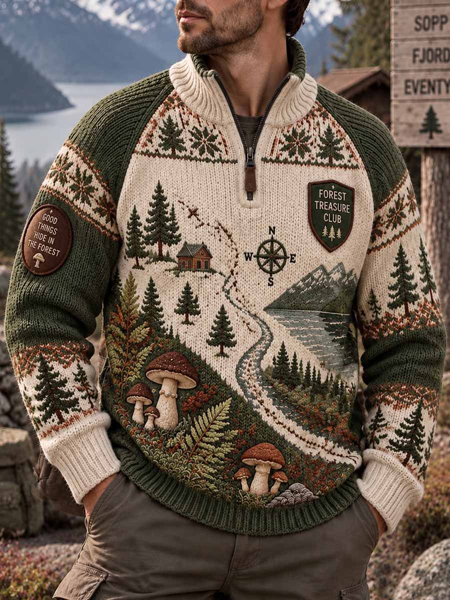 Vintage-sweatshirt for menn med mønster som viser skattejakt i skogen og soppåret